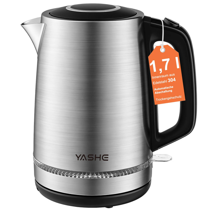YASHE Wasserkocher Edelstahl 1,7L, 2200W Schneller Elektrischer Wasserkocher mit Kalkfilter, Wasserk