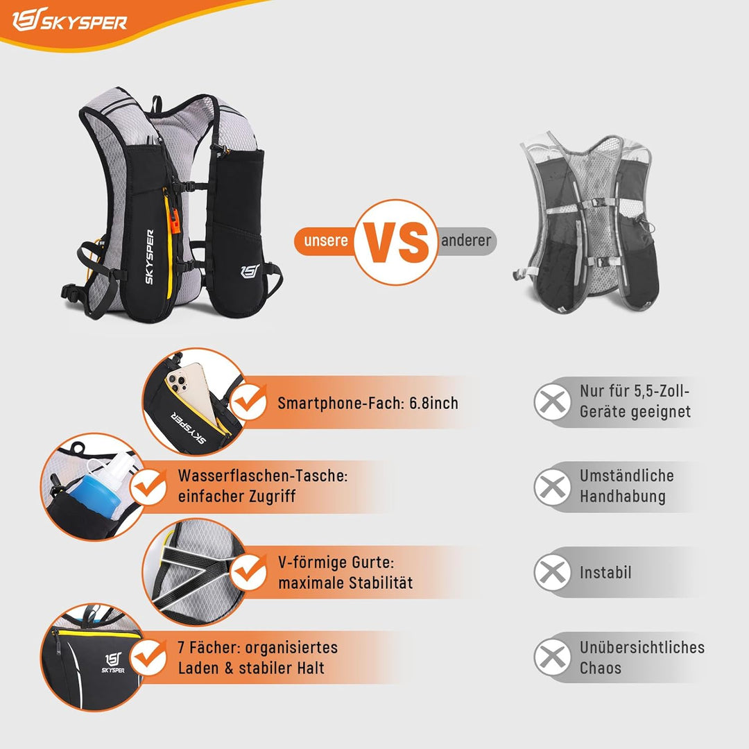 SKYSPER Laufweste Ultraleichter 5L, Trinkrucksack mit weichen Flaschen 500ml Laufrucksack Herren Dam