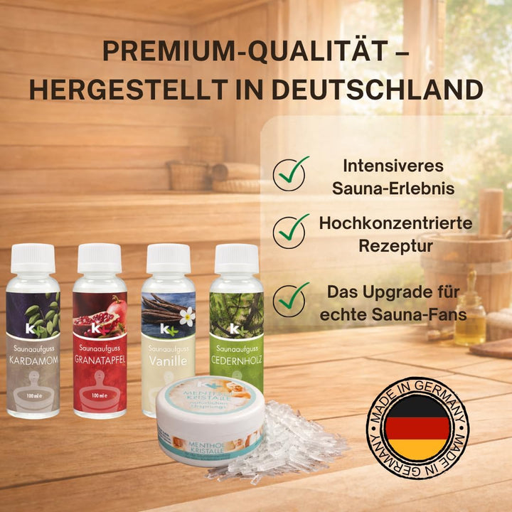 Sauna Set | KK Saunaaufgussset 4 x 100 ml + 50g Mentholkristalle | Saunakonzentrat + Menthol-Kristal