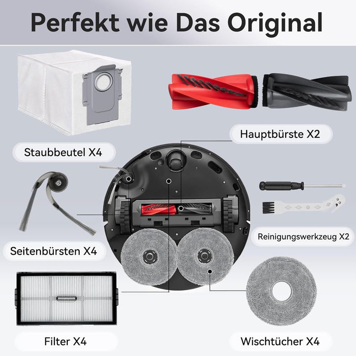 Zubehör Set für Roborock Saros 10R, Qrevo CurvX – 1 Hauptbürste, 4 Seitenbürsten, 4 Filter, 4 Waschb