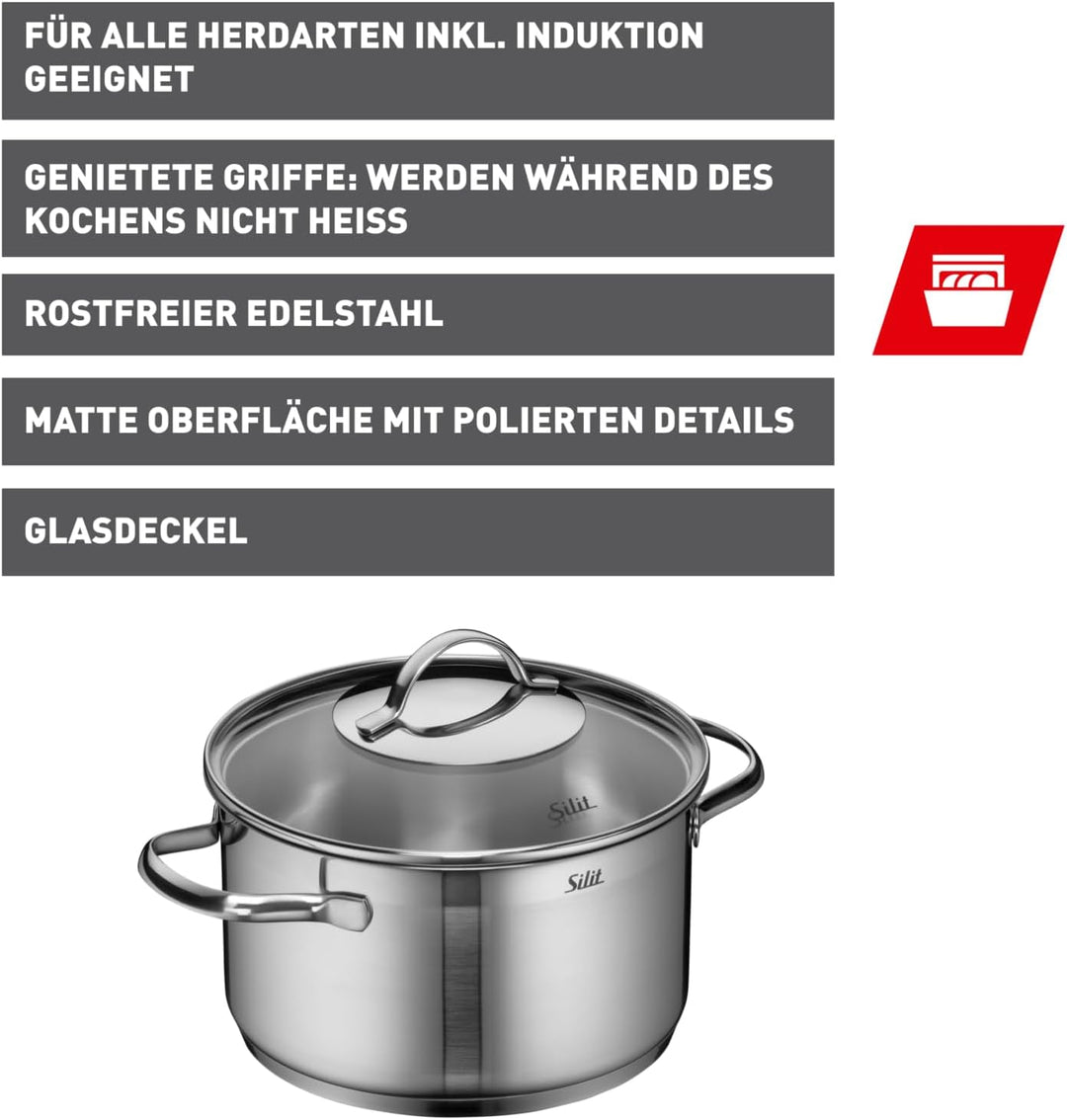 Silit Achat Kochtopf gross 20cm, Glasdeckel, Fleischtopf Induktion 3,3l, Edelstahl teilmattiert, unb