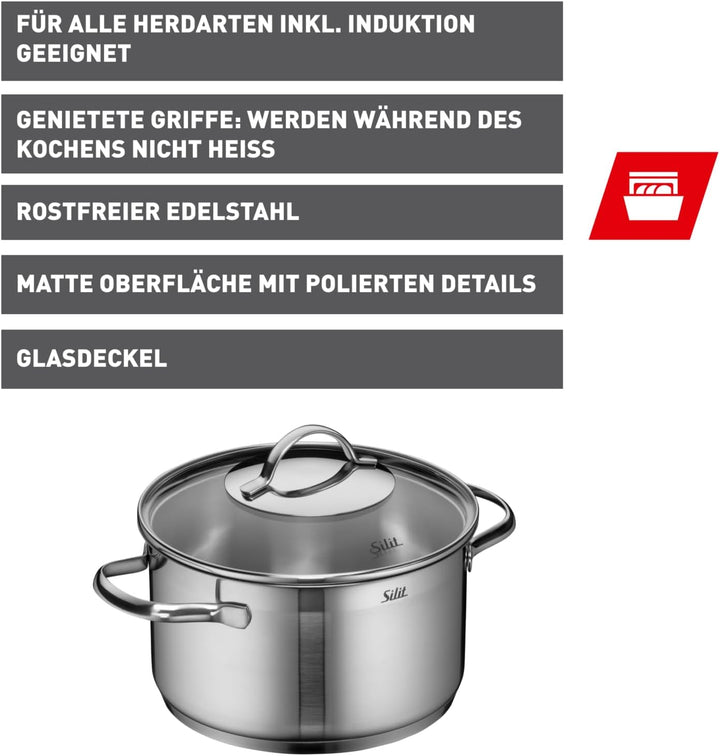 Silit Achat Kochtopf gross 20cm, Glasdeckel, Fleischtopf Induktion 3,3l, Edelstahl teilmattiert, unb