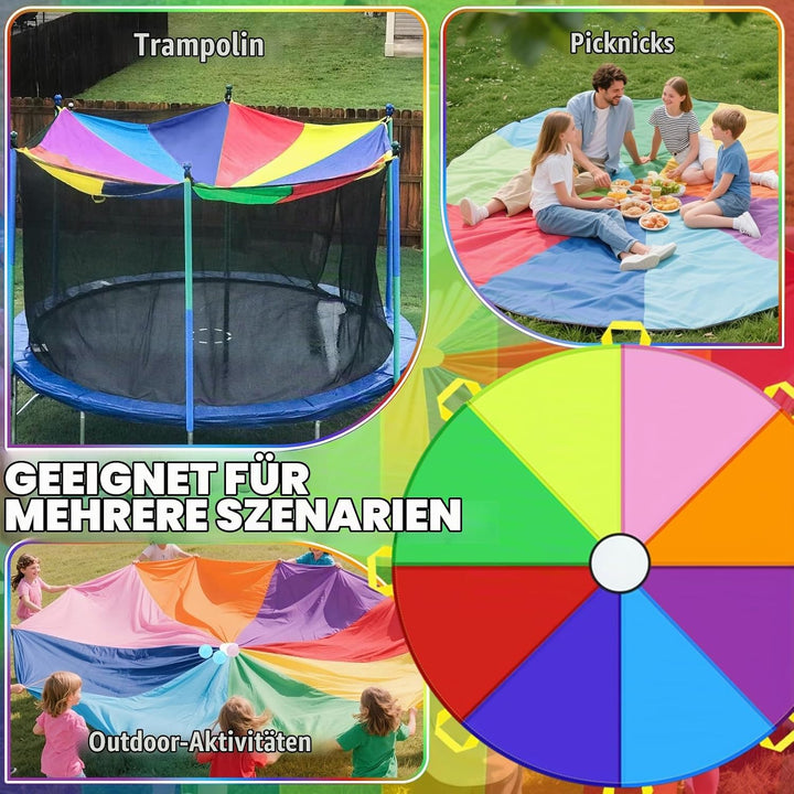 GKZB Schwungtuch mit 20 Griffen Schwungtuch Kinder Ø 300 cm Bunt Spielzeug für Draussen - Gruppenspi