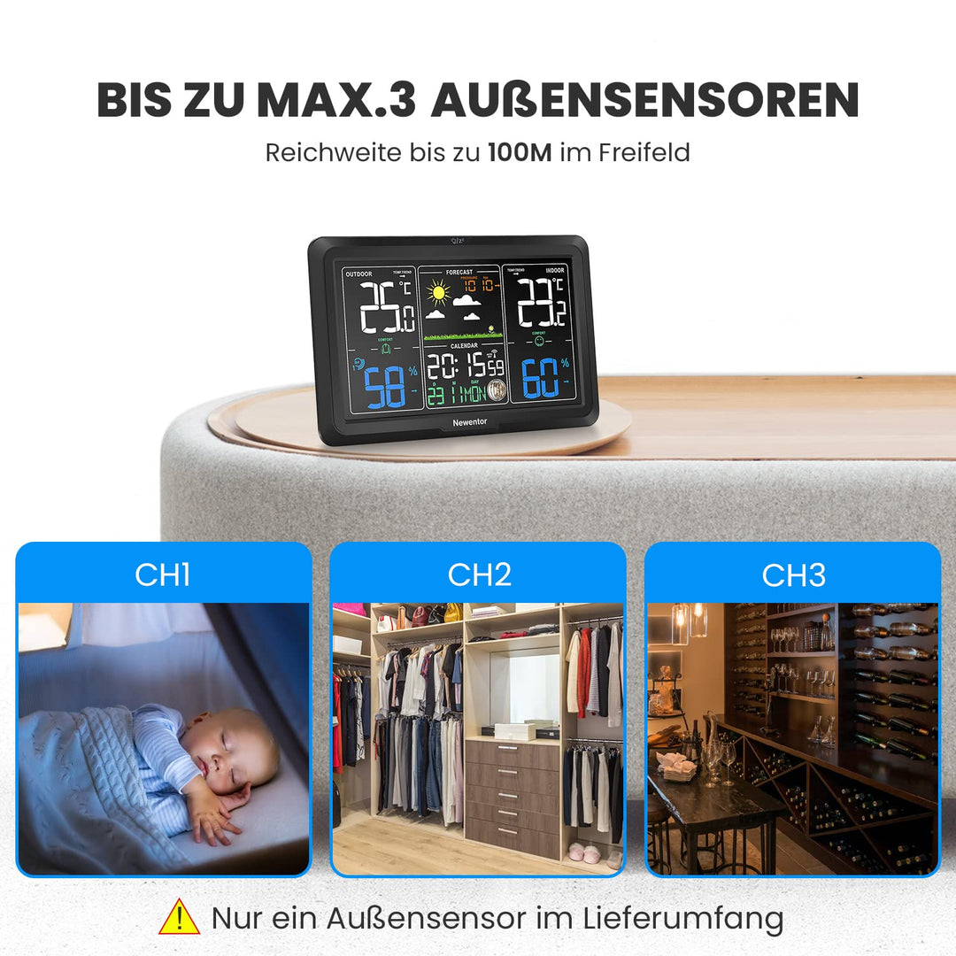 Newentor Wetterstation Funk mit Aussensensor - 3 Einstellbare Helligkeit - Funkwetterstation mit Wet