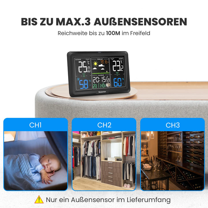 Newentor Wetterstation Funk mit Aussensensor - Lebenslange Aussensensor-Garantee - Lebendiges VA-Dis