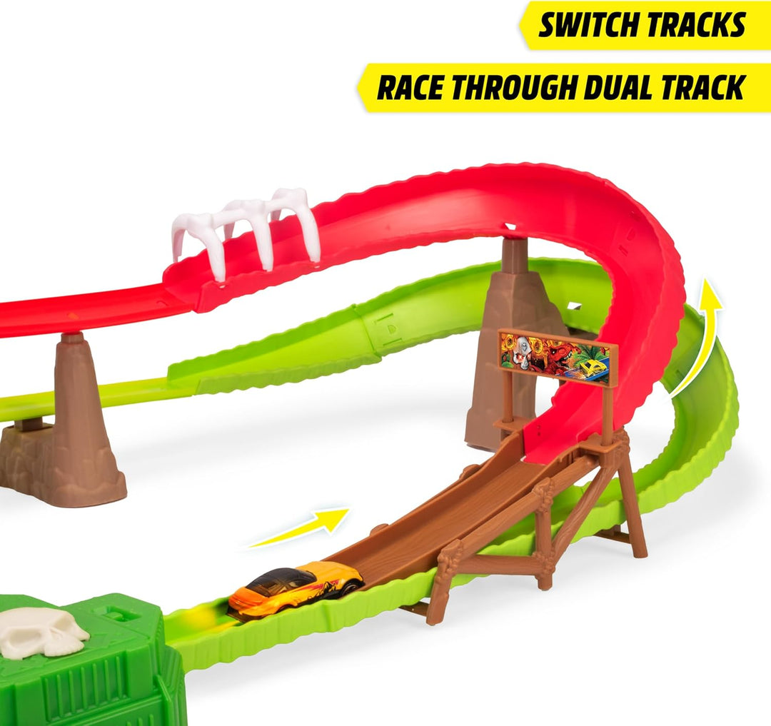 Dickie Toys - Autorennbahn Skull Volcano Track Set (100 cm) mit Vulkan-Ausbruch, Auto & Dinosaurier-