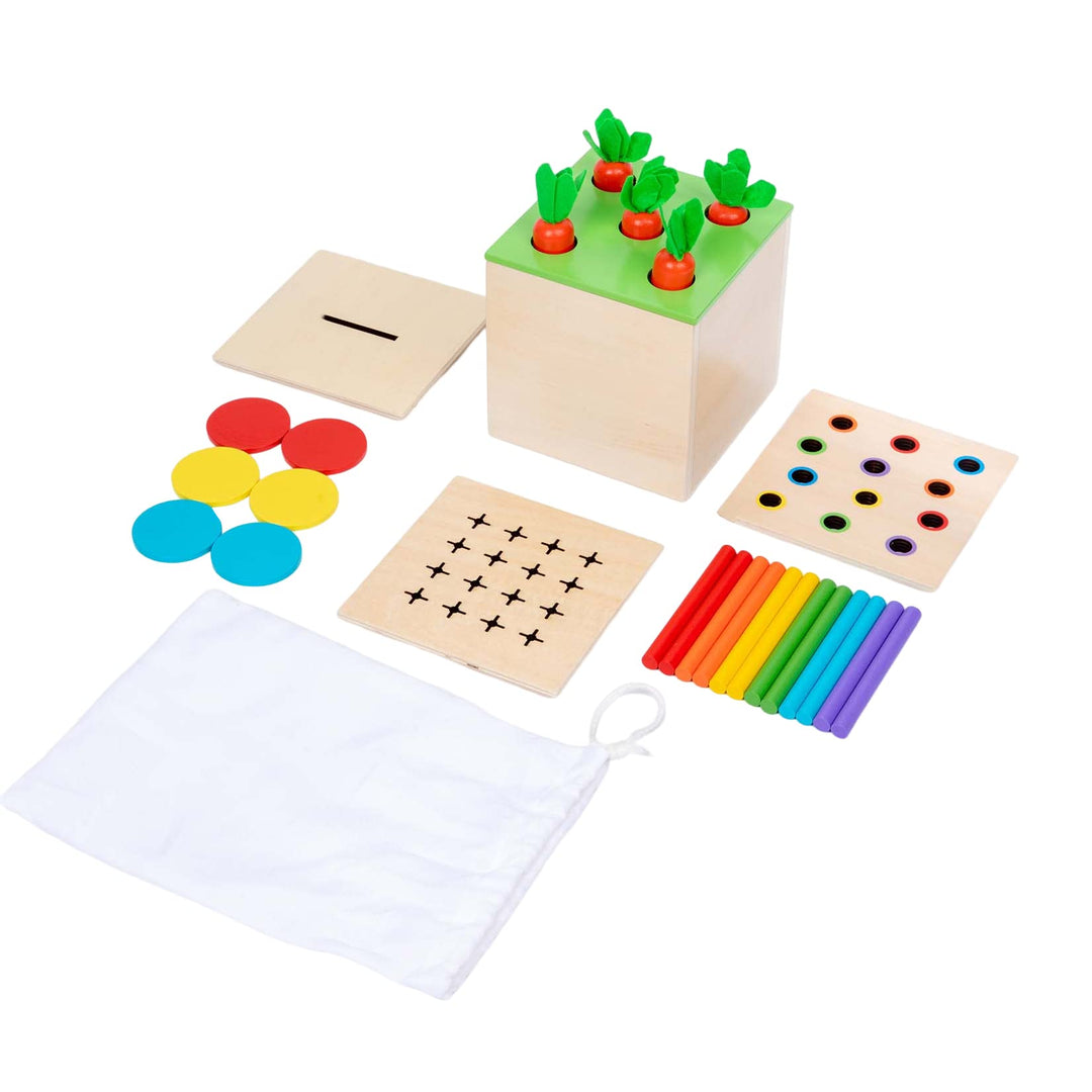 4 in 1 Montessori Play Kit Box - Wattestäbchen Board Fine Motor Skills Game, Coin Box, Carrot Harves