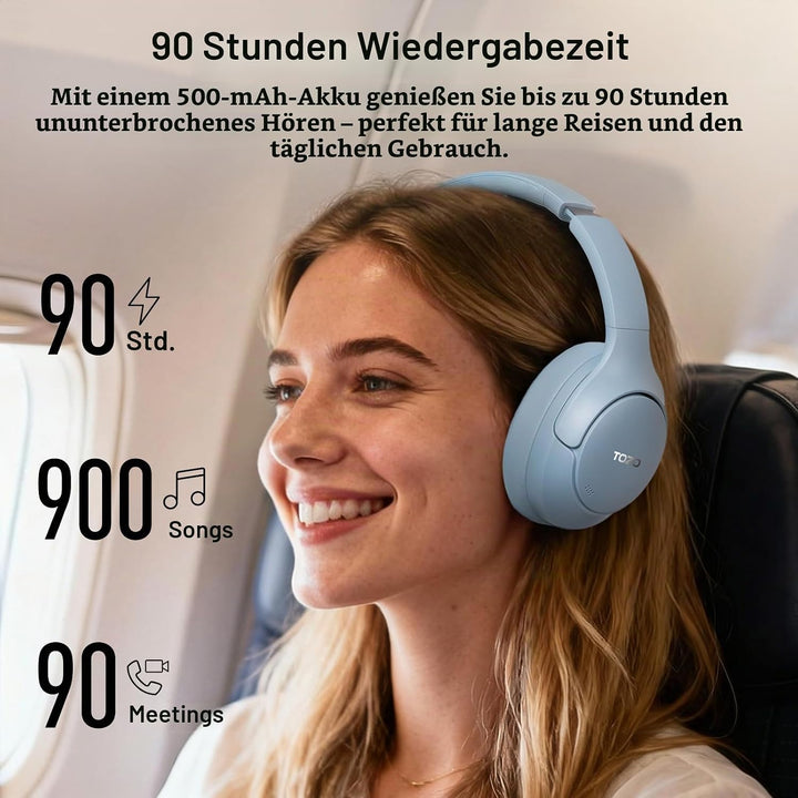 TOZO HT3 Kopfhörer Kabellos Bluetooth Over Ear, Noise Cancelling Kopfhörer mit 5 Mics,90 Std, Hi-Res