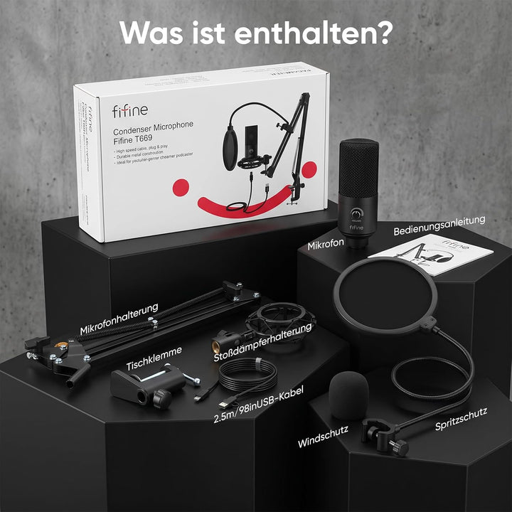 FIFINE Streaming Mikrofon PC mit Arm, USB Mikrofon PS4 PS5, Microphone für Gaming Podcast Studio, Po
