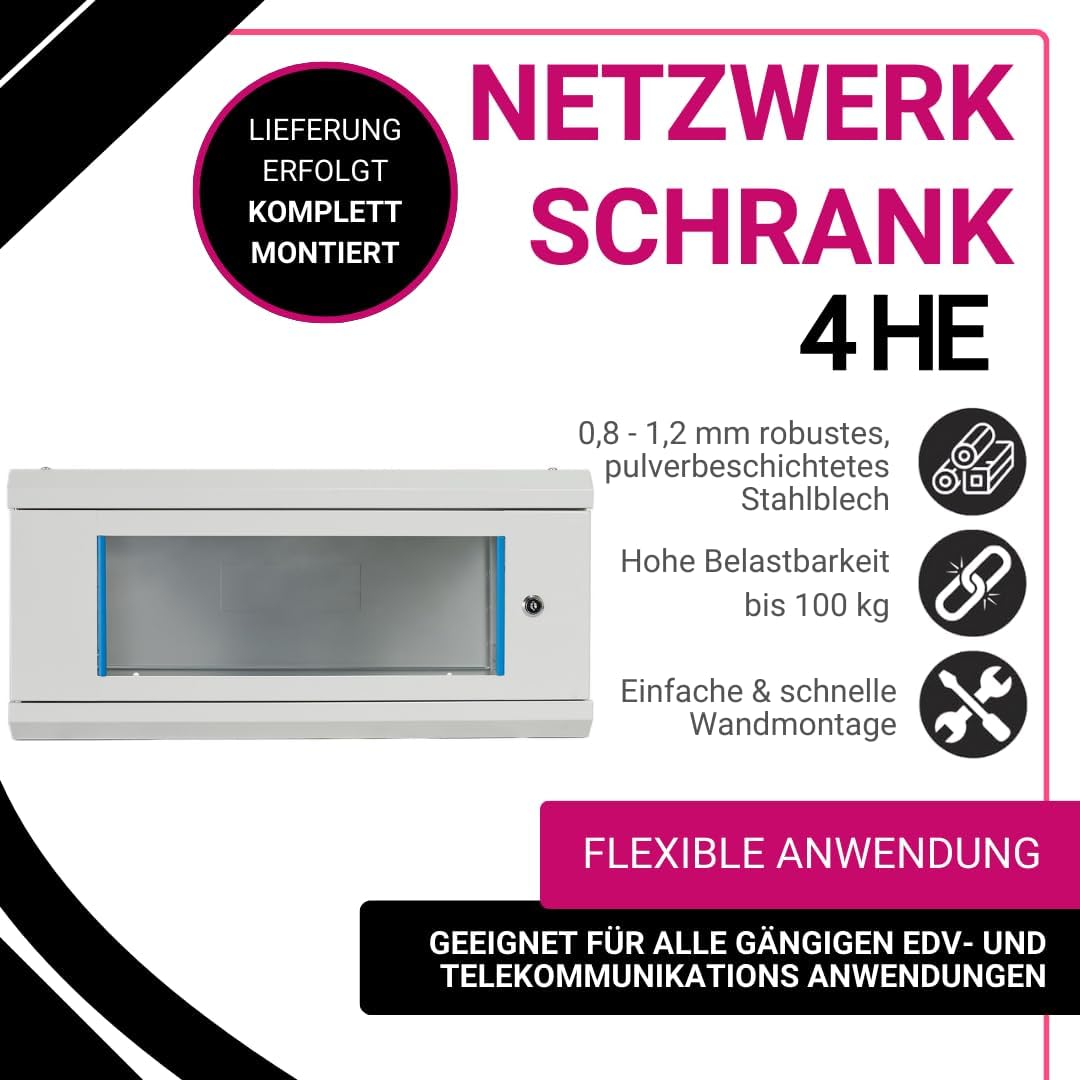 Koscom Connect Netzwerkschrank 4 HE I Serverschrank 19 Zoll I Wandmontage 600 x 450 x 280 mm I voll