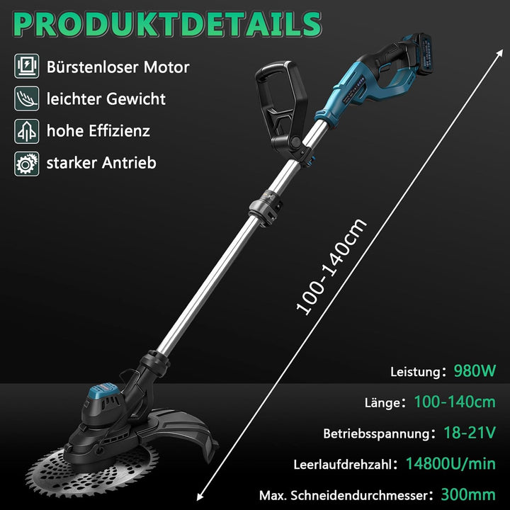 980W Akku Rasentrimmer mit 2 * 4Ah Akkus und Ladegerät, 7-in-1 Bürstenloser Akku Freischneider mit 1