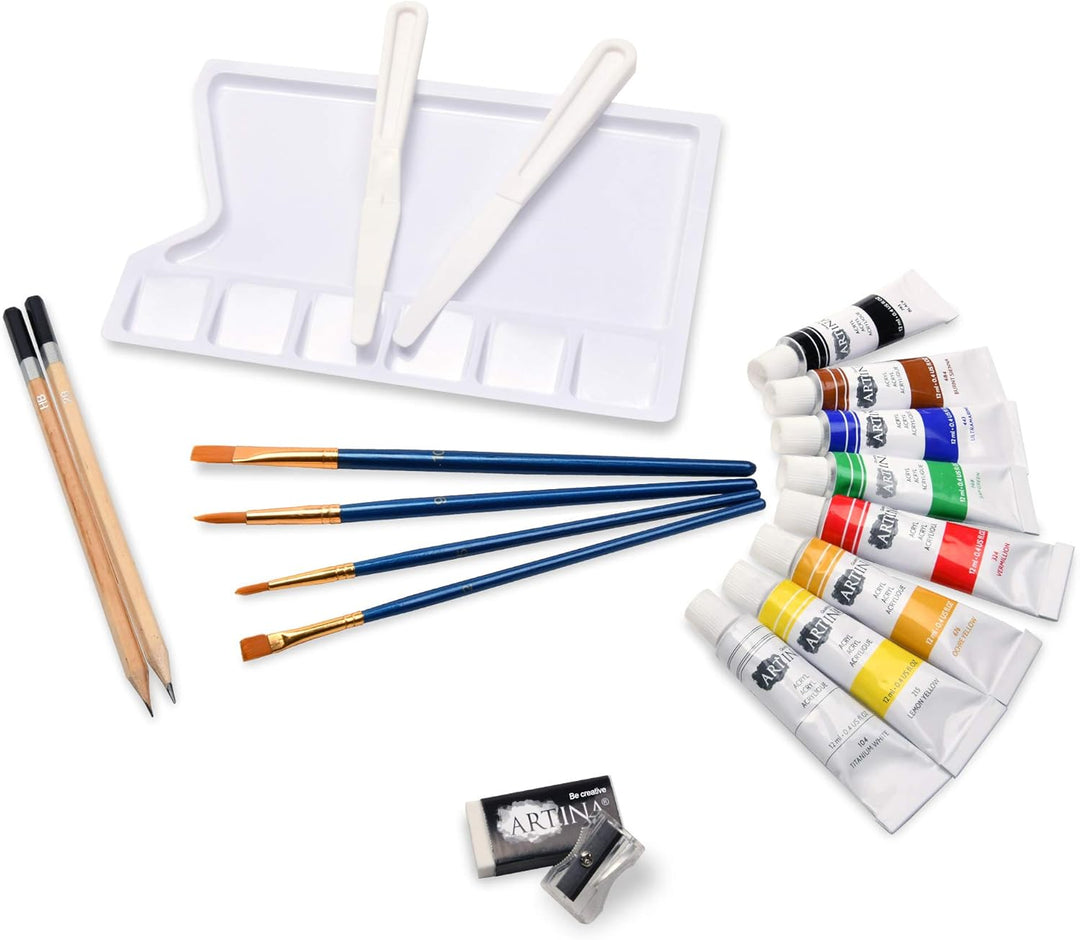 Artina 24tlg Acrylfarben Set Corsica – Malset Acryl mit Keilrahmen 30x40cm & 20x20cm, 8X 12ml Acrylf