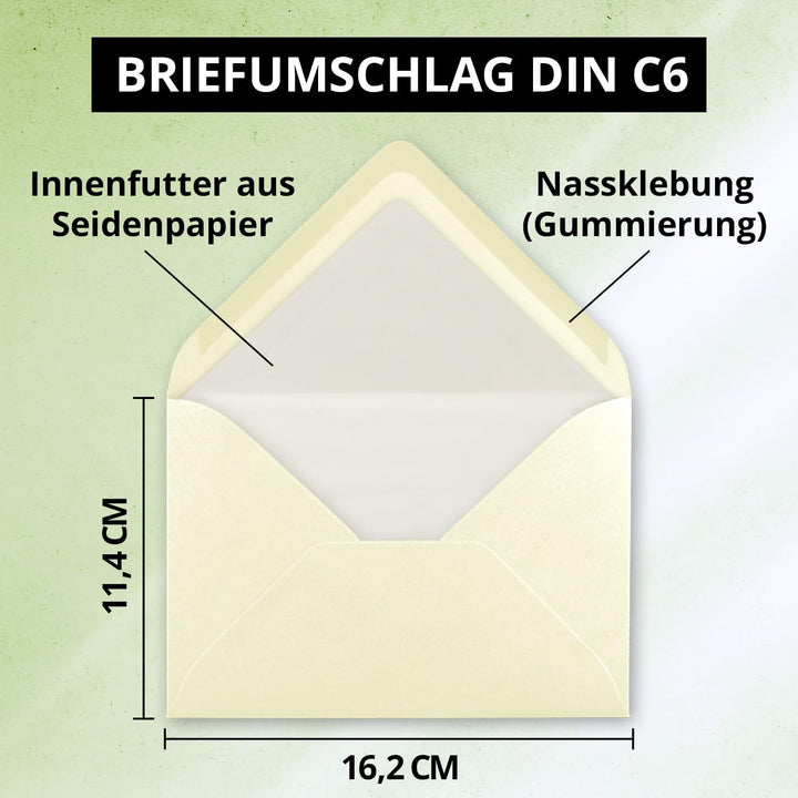 75 Briefumschläge Vanille (Creme) - DIN C6 - gefüttert mit weissem Seidenpapier - 100 g/m² - 11,4 x