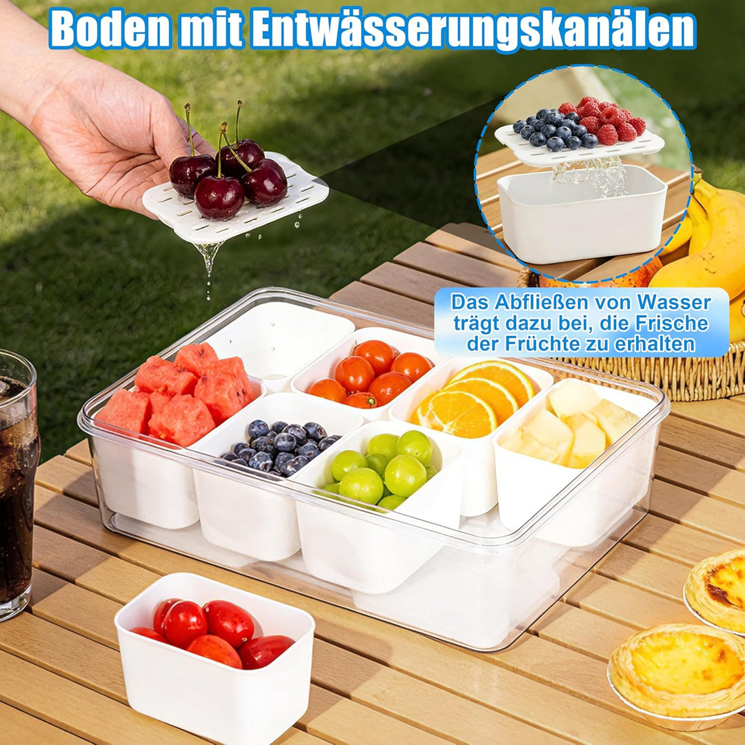 IEEILULU Snackbox mit 8 Fächern und Abtropfboden für Obst, Snacks, Saucen usw, Snackteller mit Fäche