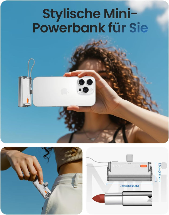 SHARGE Flow Mini 2 Powerbank, Tragbares Ladegerät 22,5W PD-Schnellladen mit Doppelstecker und integr