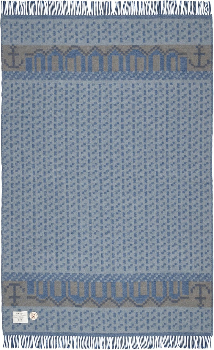 ÖJBRO VANTFABRIK "Skaftö Marin gewebte Wolldecke mit Fransen 130x220 cm blau/grau/beige 100% Merinow