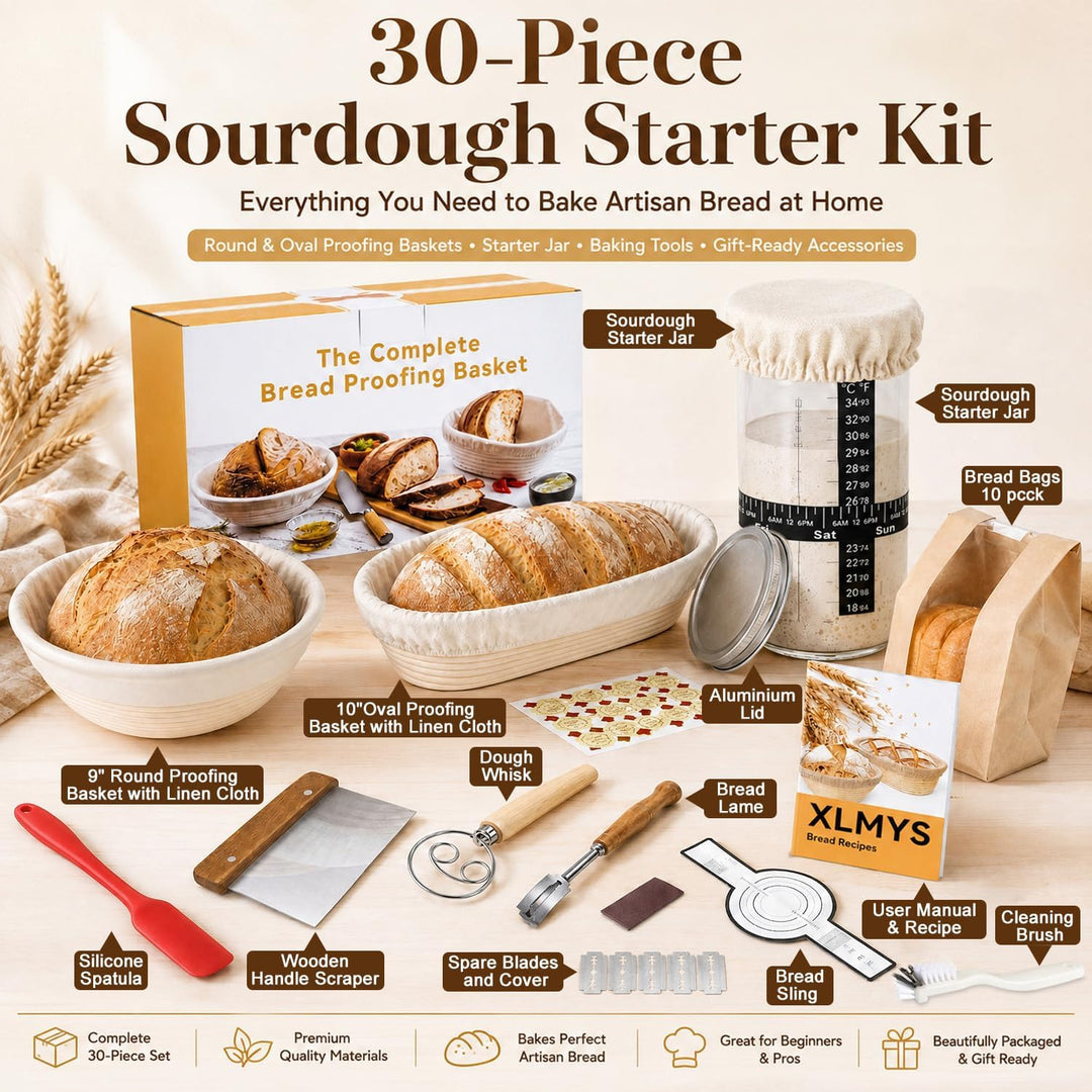 20-Teilig Sauerteig Starter Set mit 2 Gärkörbchen,Natürlicher Rattan Gärkorb Brot Set,Komplettes Bro