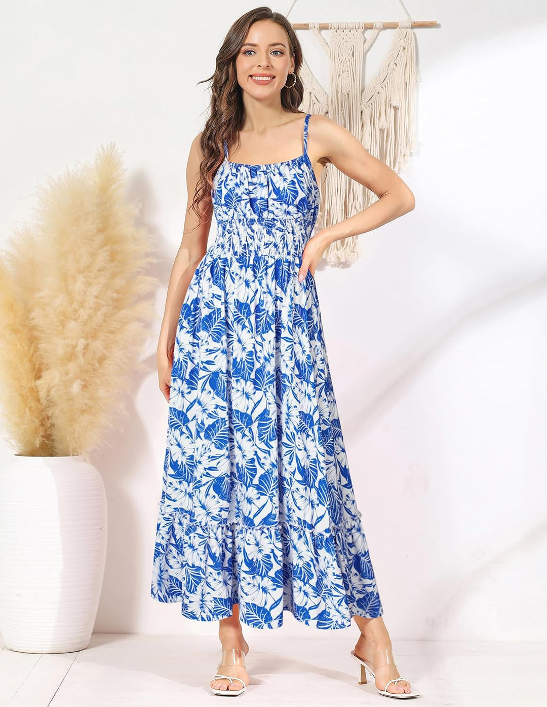 GRACE KARIN Damen Ärmellos Blumenkleid Maxikleid Casual Cami-Kleid Böhmisch Kleid Spaghettiträger Sm