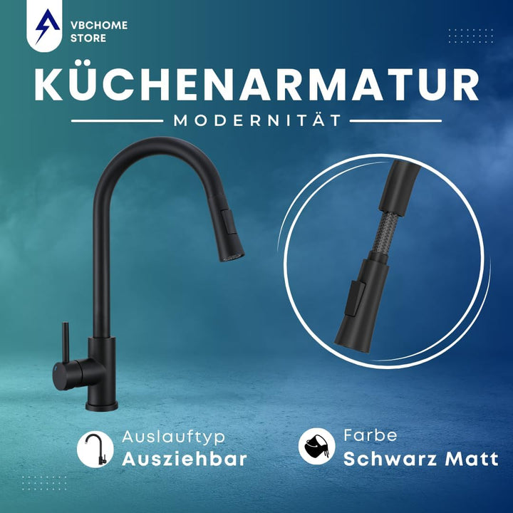 VBChome Küchenarmatur Schwarz mit ausziehbarem Auslauf, 360° drehbar, mit Knopf für Strahlarten – mo