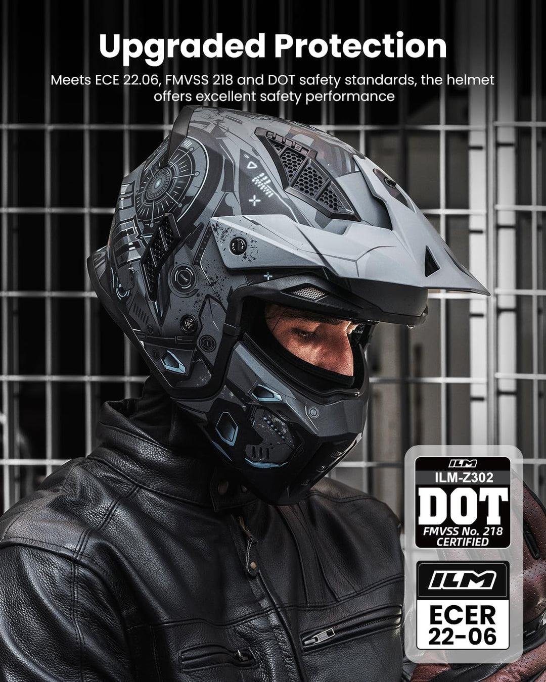 ILM Helm Motorrad Motocross Herren Damen Vintage Retro mit Visier ECE Model Z302,SciFiBlau,L L SciFi
