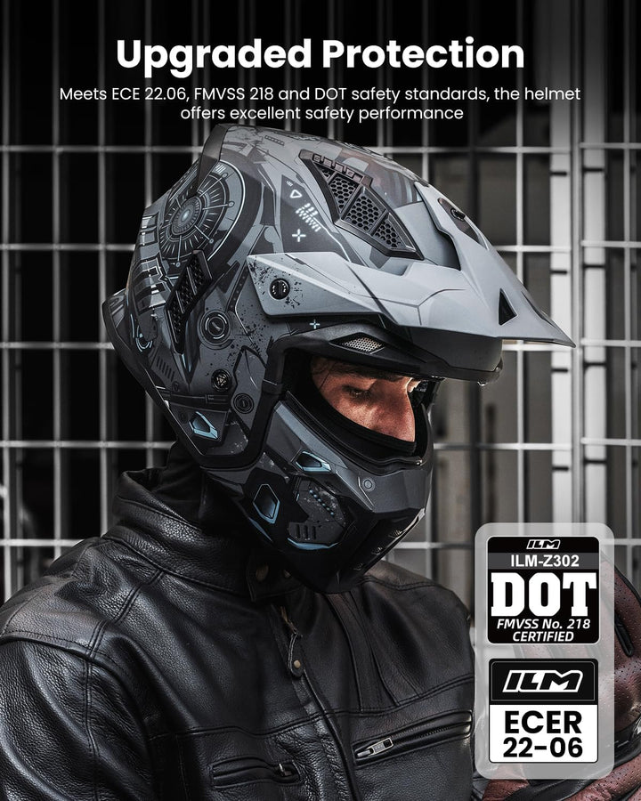 ILM Helm Motorrad Motocross Herren Damen Vintage Retro mit Visier ECE Model Z302,SciFiBlau,L L SciFi