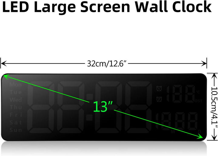 Fuloon Wanduhr Digital, LED Wanduhr mit 13-Zoll-Grossdisplay, Digital Wecker mit Fernbedienung, Timi
