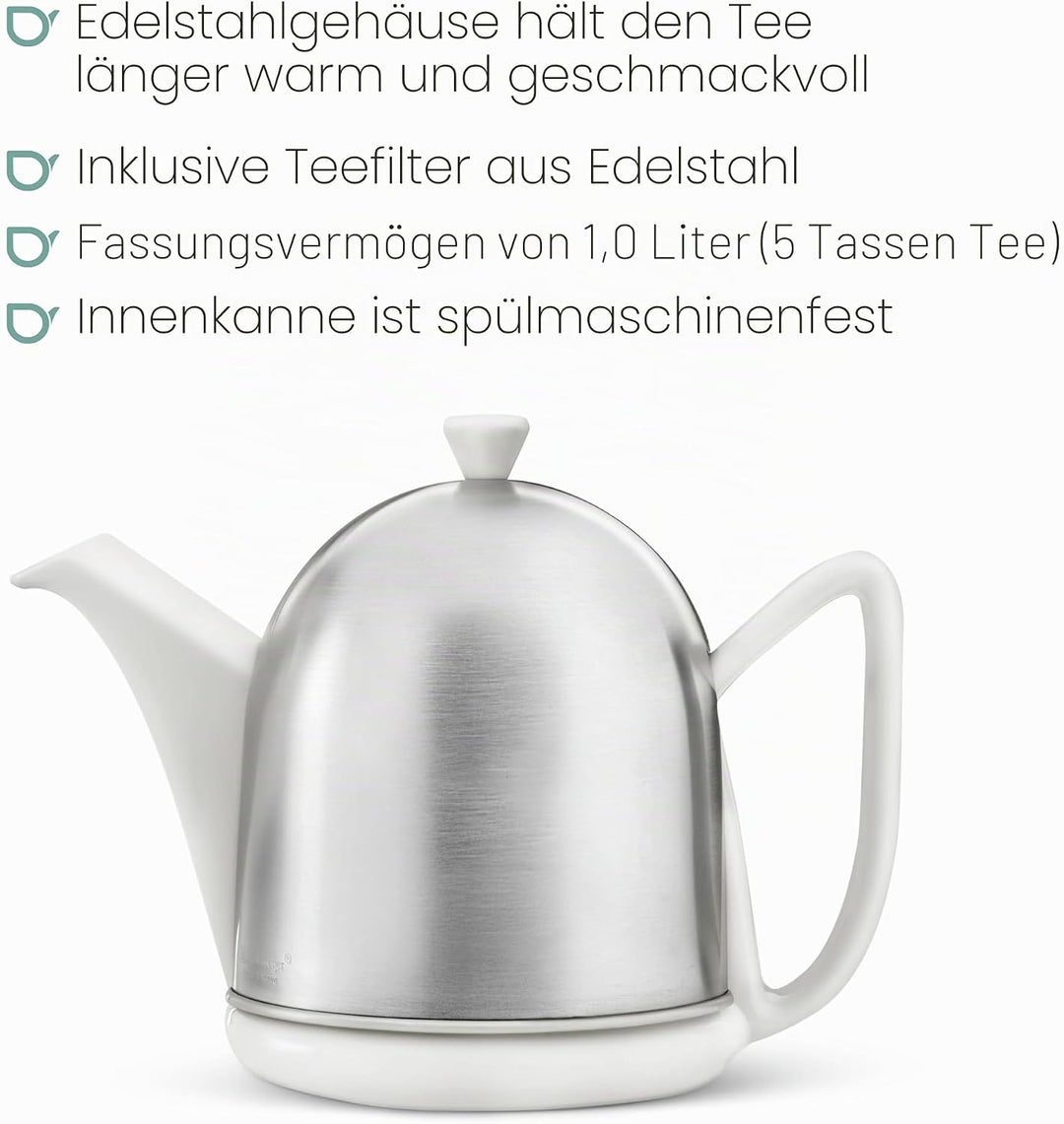 Bredemeijer kleine weisse Matte Keramik Teekanne 1.0 Liter mit Edelstahlhaube Weiss 1 l, Weiss 1 l