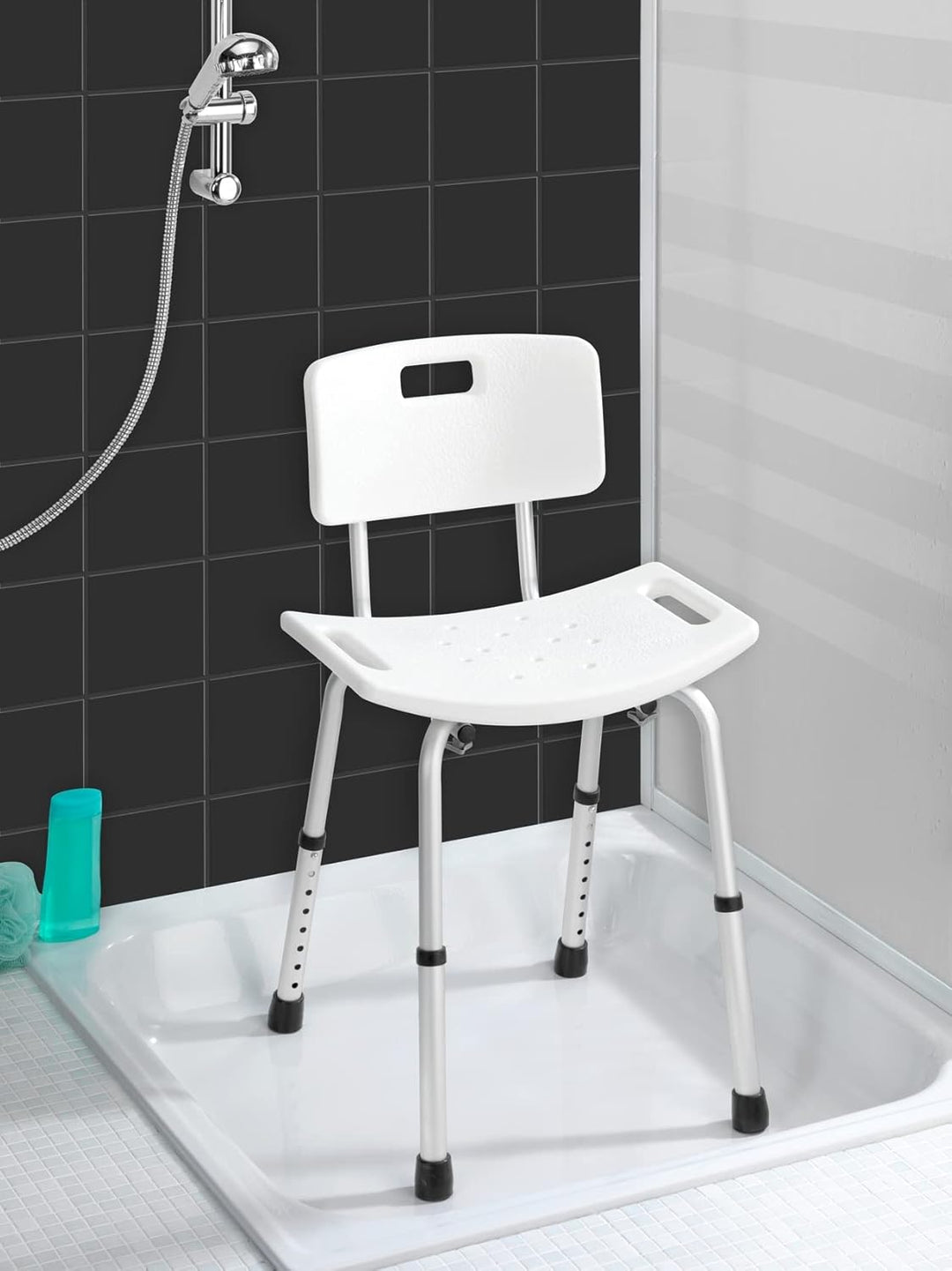 WENKO Badhocker mit Rückenlehne Secura Duschhocker Weiss 49 x 68,5 -85,5 x 54 cm Weiss, 49 x 68,5 -8