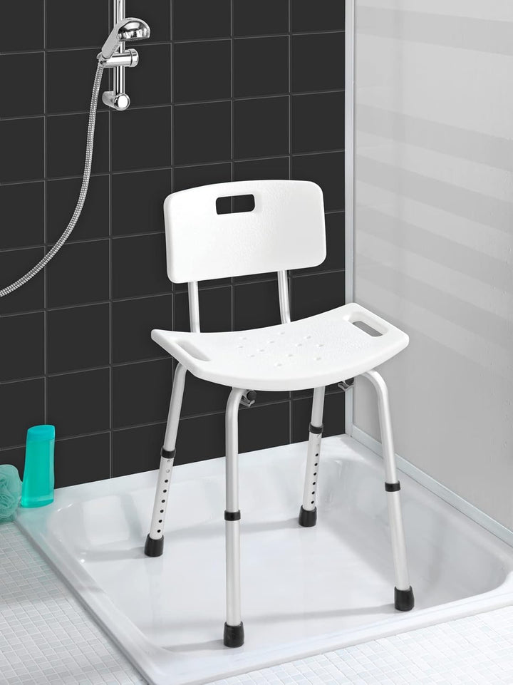 WENKO Badhocker mit Rückenlehne Secura Duschhocker Weiss 49 x 68,5 -85,5 x 54 cm Weiss, 49 x 68,5 -8