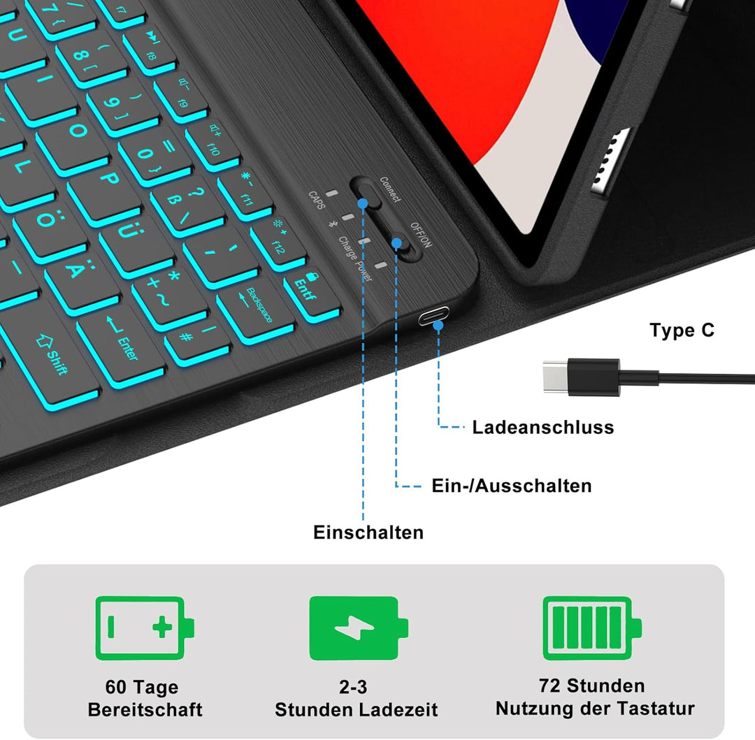 IVEOPPE Tastatur Hülle für Xiaomi Redmi Pad SE 11'', Deutsches QWERTZ-Layout, 7-Farbige Beleuchtung
