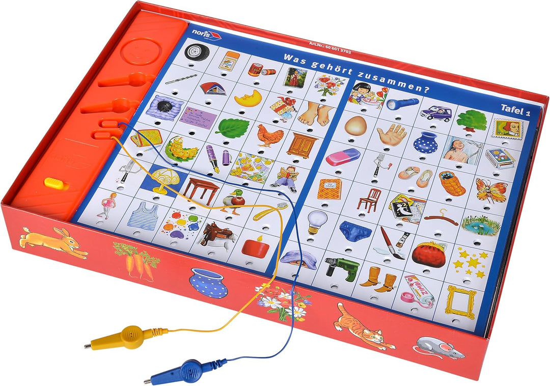 Noris Kinder Electric Lernspiel – Zuordnungsspiel mit Lichtsignal bei richtiger Antwort, 12 Bildtafe
