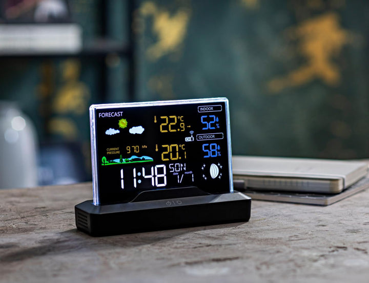 SOUCCESS FUNK-WETTERSTATION "DELUXE" - FARBIGE WETTERSTATION MIT FUNKUHR, WETTERDATEN, AUSSENSENSOR,