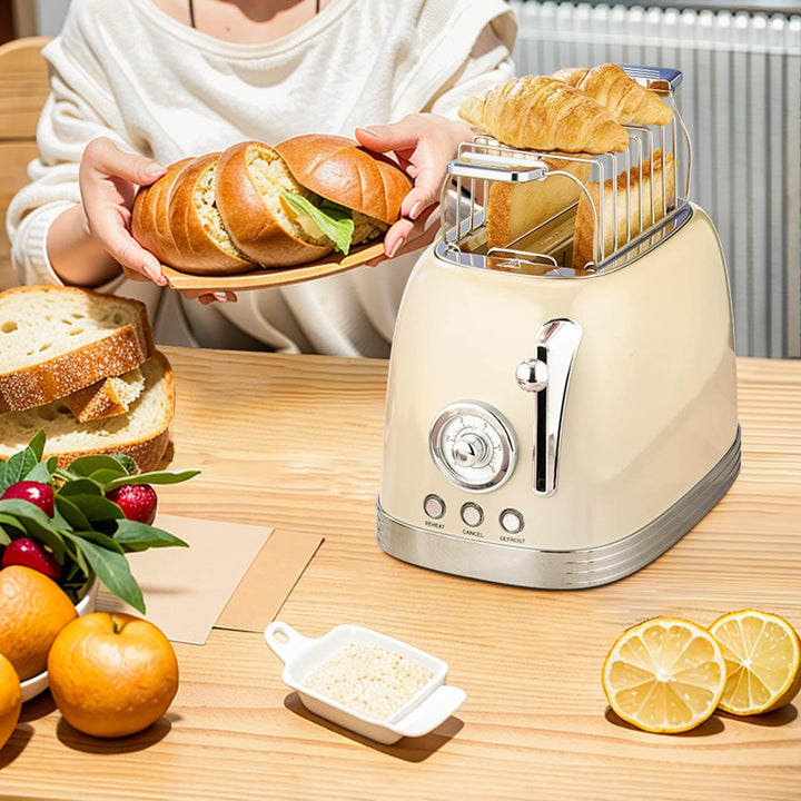 Wiltal Toaster 2 Scheiben, Retro, mit Brötchenaufsatz, mit Deckel aus Edelstahl, Vorheiz-, Auftau- u