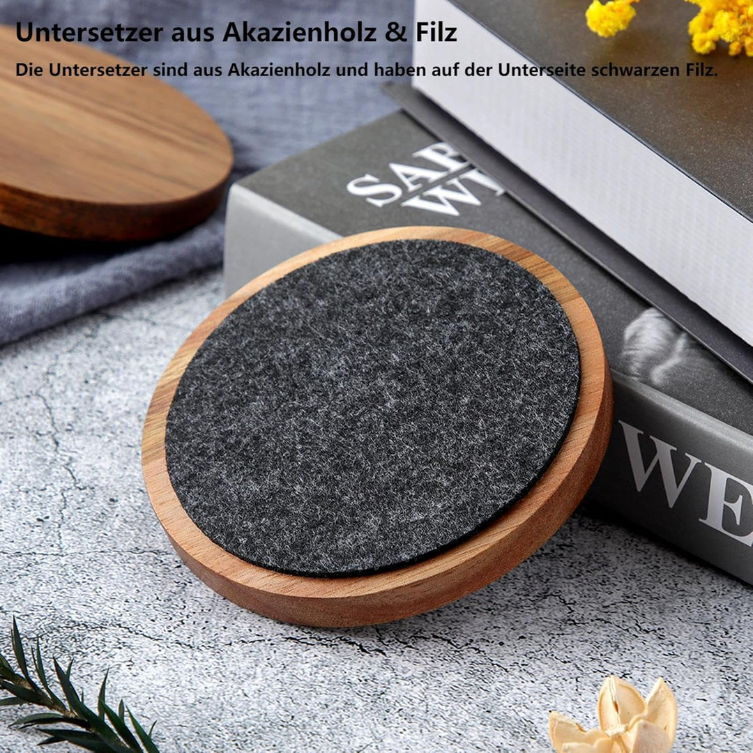 Untersetzer Gläser Holz 6er Set, Untersetzer aus Akazienholz & Filz mit Halter, Glasuntersetzer Holz