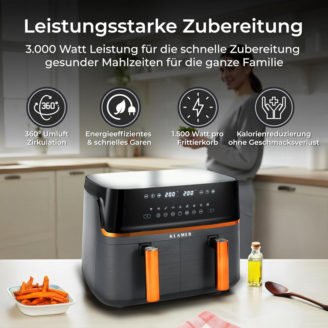 KLAMER Heissluftfritteuse Duo 9 L – Doppelkammer Airfryer mit 2 Körben & Digitaldisplay, 10 Automati