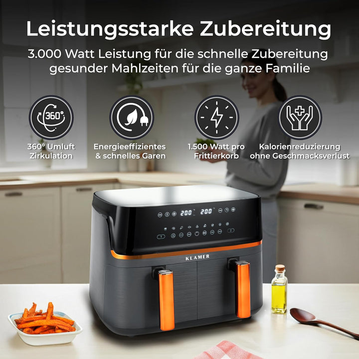KLAMER Heissluftfritteuse Duo 9 L – Doppelkammer Airfryer mit 2 Körben & Digitaldisplay, 10 Automati