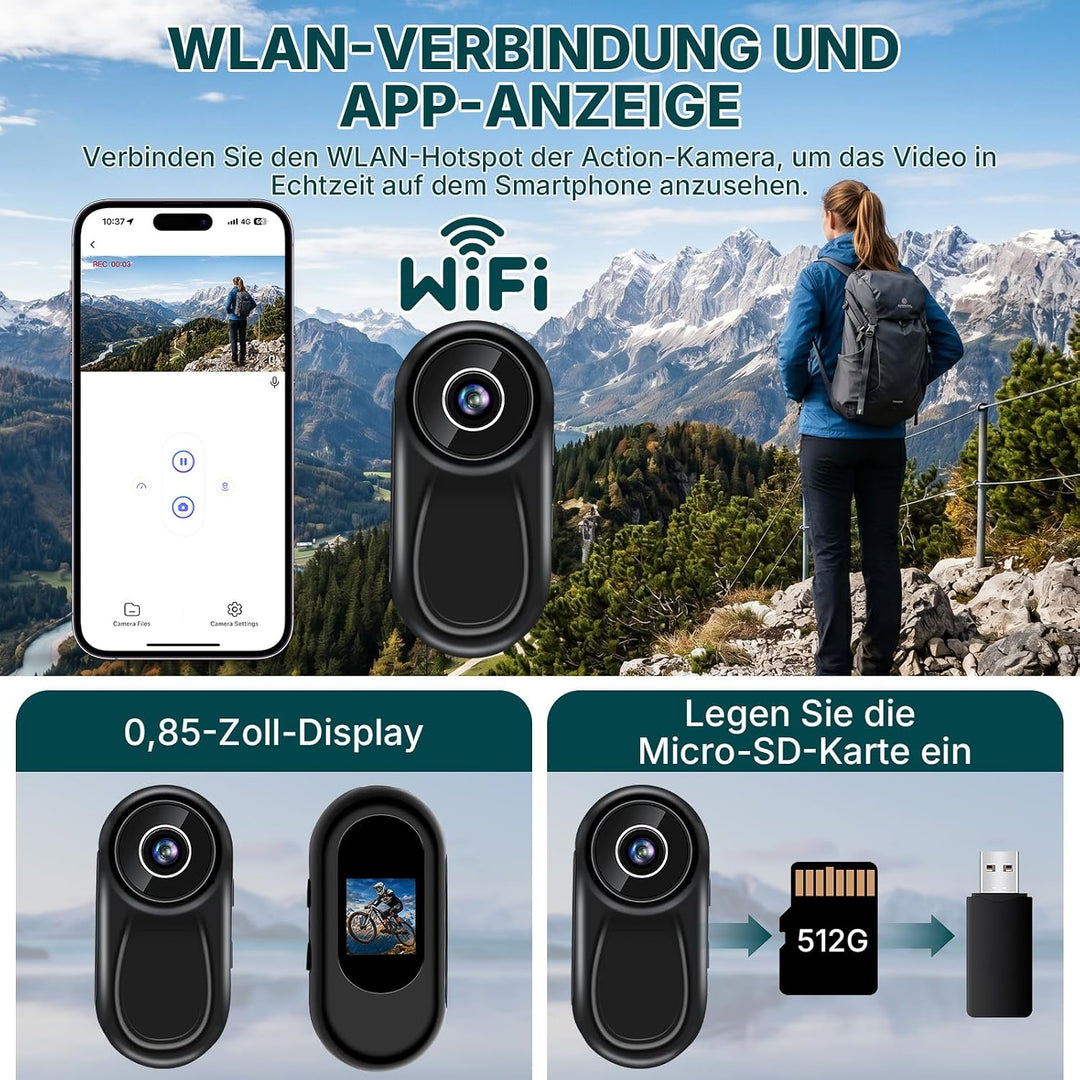 Actionkamera mit WiFi 2K, Verbesserte HD Mini-Action-Kamera | Daumen-Action Sportkamera mit Magnetha