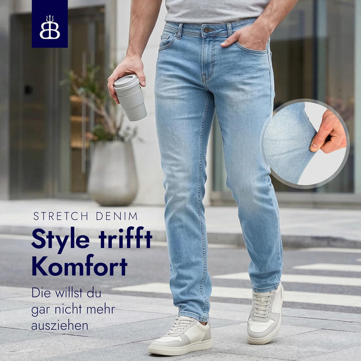 BARBONS Herren Jeans - Bügelleicht - Regular-Fit Stretch - Business Freizeit - Hochwertige Jeans-Hos