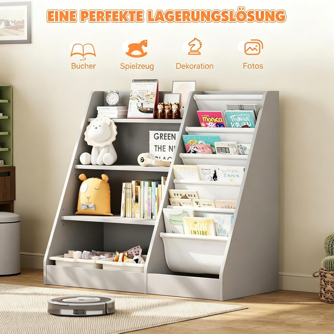 Kinderregal Bücherregal für Kinder 90x40x80cm, mit 5 Ablage und 4 offenen Fächern, Holz, Spielzeugre