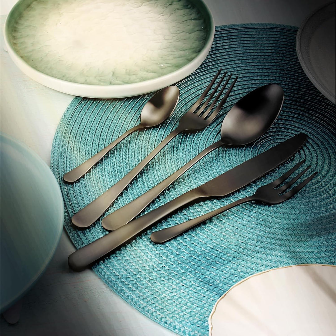 Besteck Set für 6 Personen,30 teilig Schwarz Mattiert Essbesteck Set,Besteckset inkl. Messer,Gabel,L