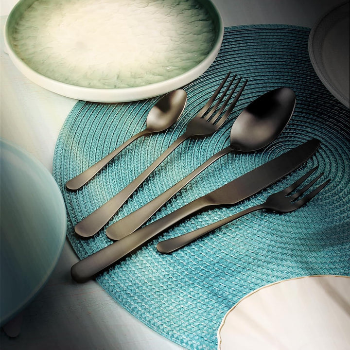 Besteck Set für 6 Personen,30 teilig Schwarz Mattiert Essbesteck Set,Besteckset inkl. Messer,Gabel,L