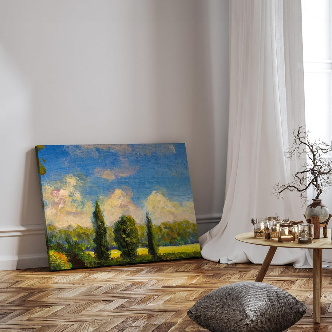 wandmotiv24 Leinwandbild Malerei, 60x45cm, Querformat, Wald, Wolken, Landschaft, Deko, Bilder auf Le