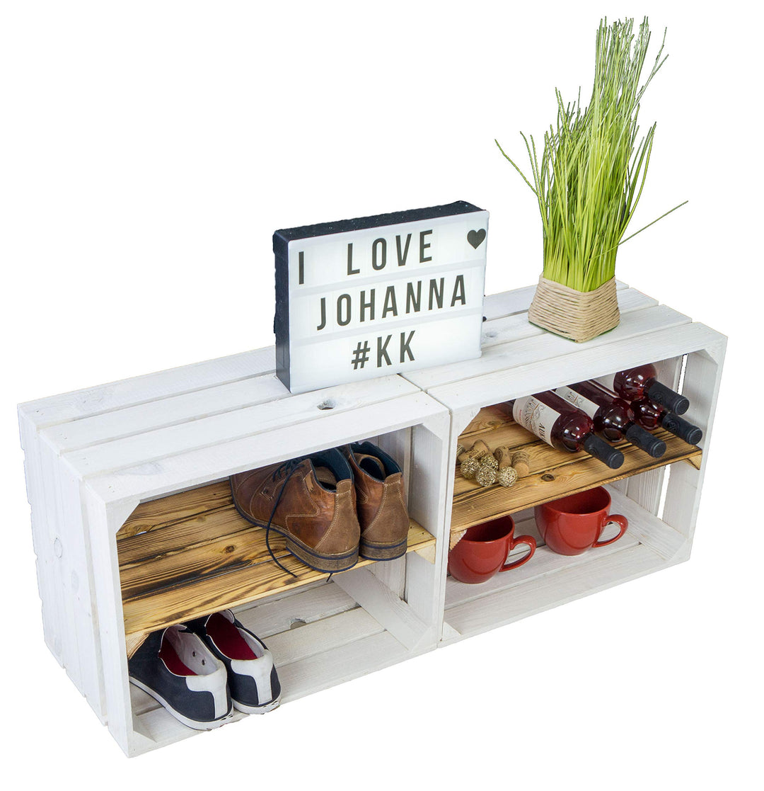 2er set Obstkiste "Johanna" weiss mit geflammten Boden mit Mittelbrett geflammt LÄNGS Aufbwahrungsbo