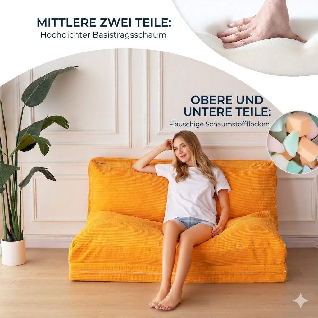 MAXYOYO Sitzsack-Bett, faltbar, Cordsamt, Schlafsofa, Bodenmatratze für Erwachsene, extra dick, 4-Fa