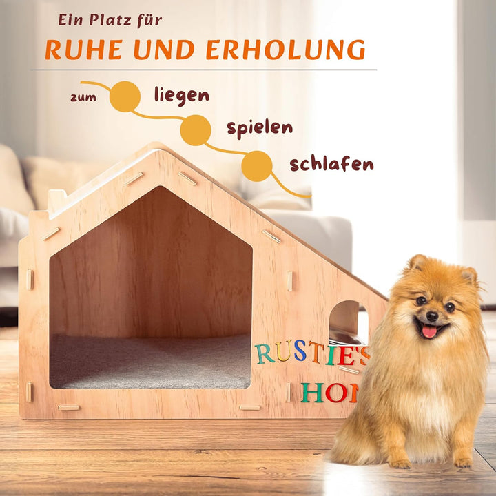 growpile Katzen- und Hundehäusschen aus hochwertigem Kiefernholz mit 2 Trinkschalen aus Edelstahl, z