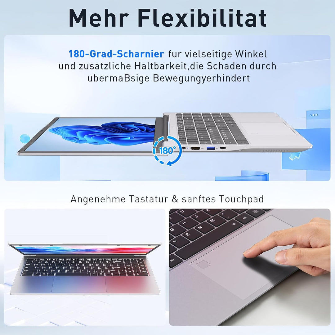 Auusda Laptop 15,6 Zoll Notebook, 16GB DDR4 RAM 512GB SSD, 3250C Prozessor, Fingerabdrucksensor, bel