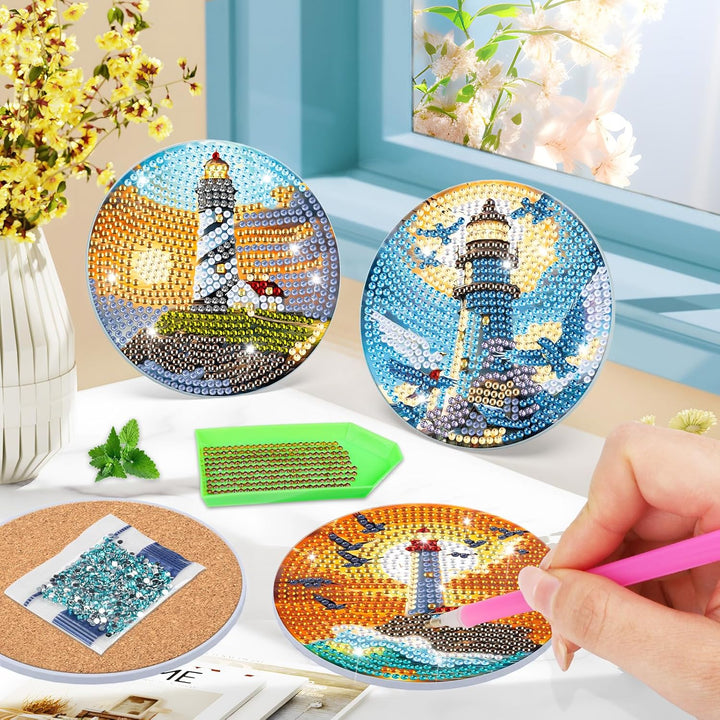 8 Stück Untersetzer für Diamond Painting Leuchtturm, unter Glas, Diamond Painting Landschaft, Diaman