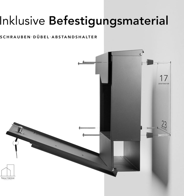 NewHabitat - Briefkasten Munich mit Zeitungsfach - Anthrazit RAL 7016 Ohne Gravur, Ohne Gravur