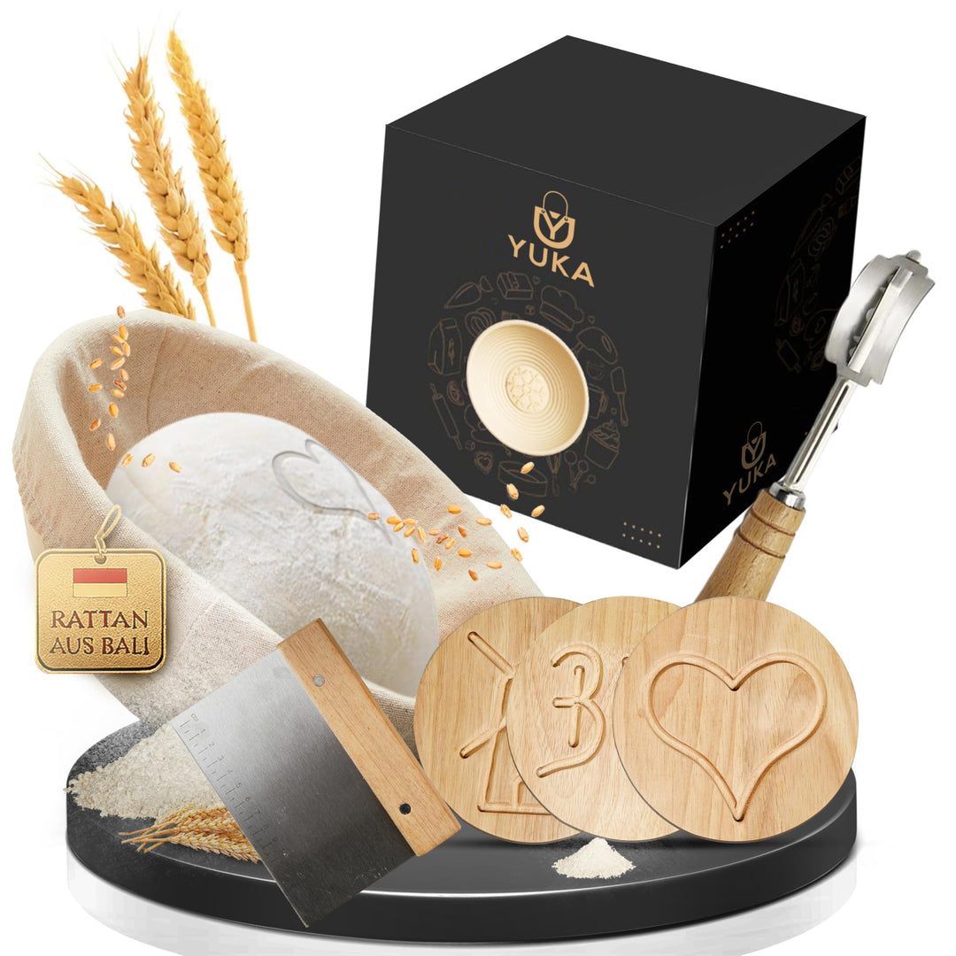 YUKA Profi Gärkörbchen rund für Brot 23cm [NEU] - Gärkorb set mit 3 Brotmuster-Plättchen [inkl. wasc