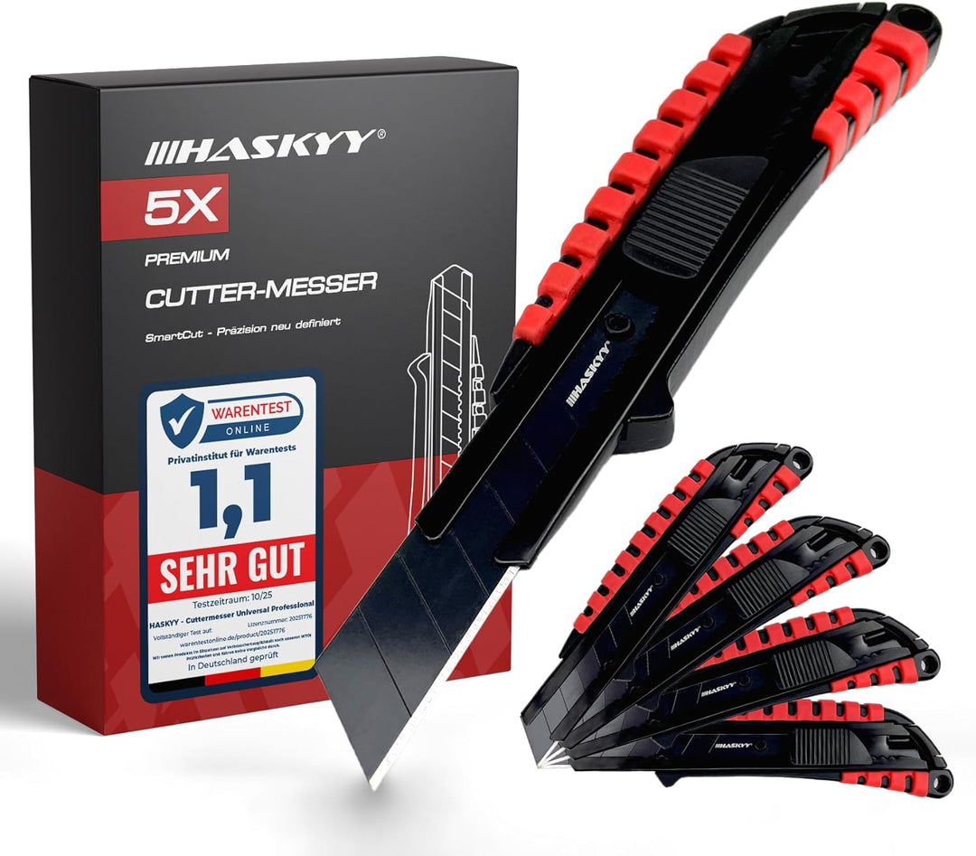 HASKYY Cuttermesser Teppichmesser Universal Professional Set 5x Cutter Messer 18mm mit Extra scharfe